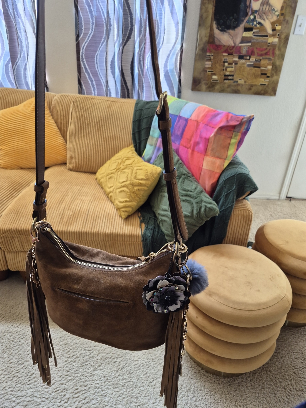 Michael Kors Brown Suede Shoulder Bag with Fringe and Floral Charm